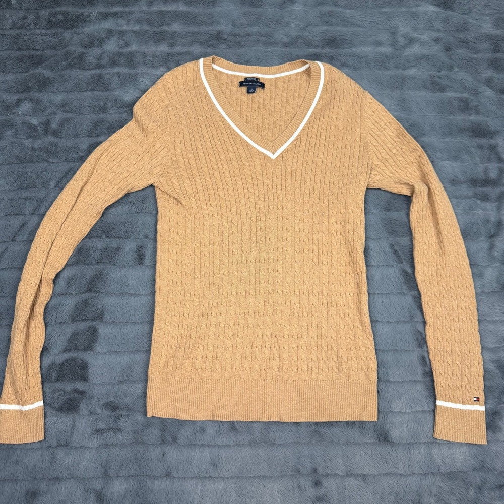 Tommy Hilfiger Womens Pima Cotton Cable Knit V-Neck Sweater Tan Camel Medium